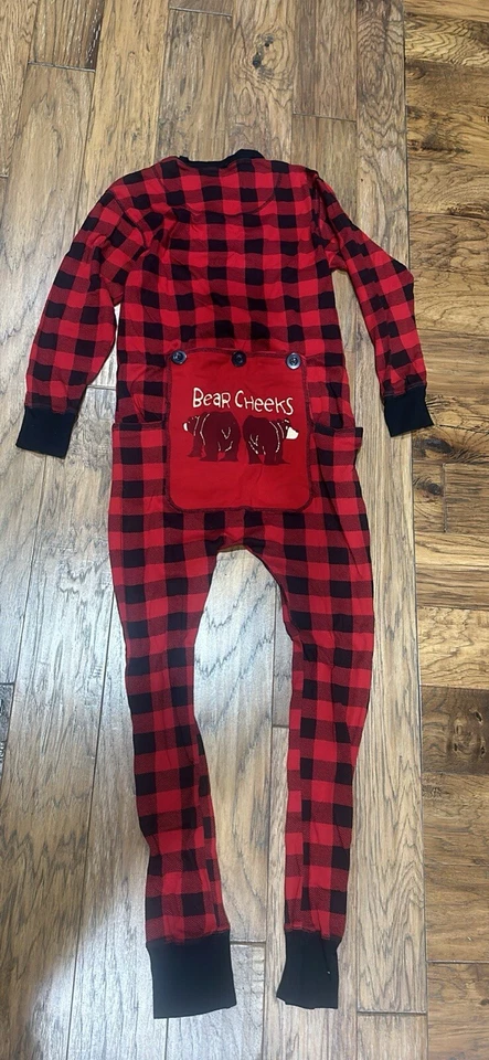 One Piece Pajama Adult Small Lazy One Bear Cheeks Buffalo Plaid Flapjack Bottom - Image 1 of 4