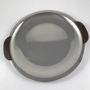 Vintage STELTON Stainless ROUND PLATTER TRAY w/ WOOD HANDLES Denmark Danish Mod - Picture 1 of 7