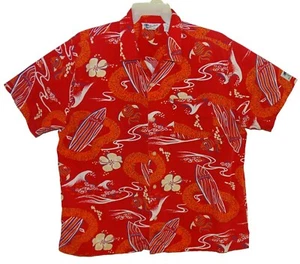Vintage Sz XL STRUCTURE Hawaiian Aloha Shirt Logo Surfboards & Tropical Fish Red - Picture 1 of 3