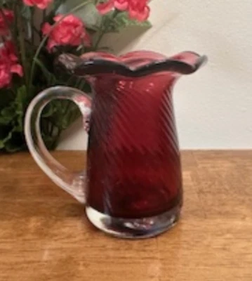 Vintage Cranberry Glass Swirl Pitcher – Clear Handle and Ruffled Rim - Image 1 of 4
