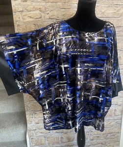 Frank Lyman Velvet Velour Top Blue Black White Abstract Silk Cuffs UK 12 New - Picture 1 of 13