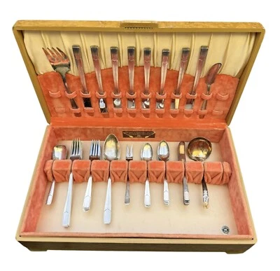 46pc Vintage Holmes & Edwards Napoleon Silverplate Flatware w/Art Deco Case - Image 1 of 4
