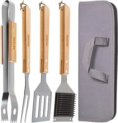 PRAKNU Grillbesteck aus Holz mit Tragetasche Set Zubehör Zange Bürste BBQ Geschenk Mann