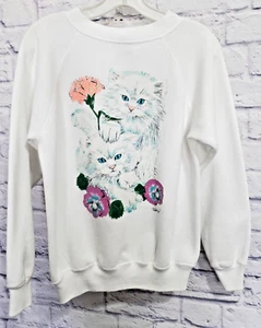 Vintage 80s 90s Kitty Cats Sweatshirt Glitter Hanes Medium - Picture 1 of 8