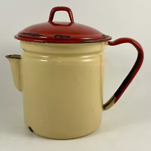 Vintage 1940s Enamel Coffee Pot Tan With Red Lid And Trim - Picture 1 of 19
