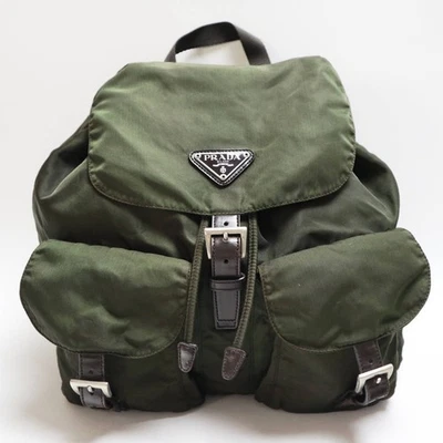 Mochila PRADA Logo Placa Nylon/Couro Cáqui/Marrom S2511-k016 - Imagem 1 de 4