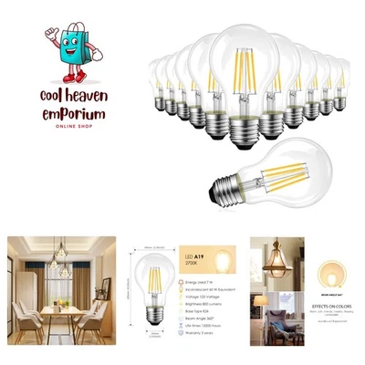 12PC E26 Dimmable A19 LED Bulbs - 7W Filament, 60W Equivalent, 2700K Warm White - Image 1 of 4