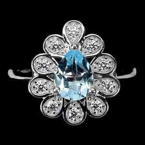925 Sterling Silver Pear Sky Blue Topaz 8x6mm Simulated CZ Ring - Picture 1 of 10