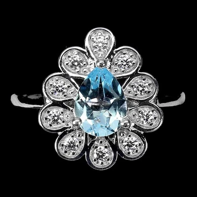925 Sterling Silver Pear Sky Blue Topaz 8x6mm Simulated CZ Ring - Image 1 of 4