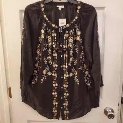J. Jill Embroidered Floral Tunic Top Keyhole sz Med Tall boho peasant garden NWT - Image 1 of 4
