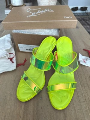 Christian Louboutin NIB Just Loubi 85 Patent PVC Neon Mules Heels Sandals 37 - Image 1 of 4
