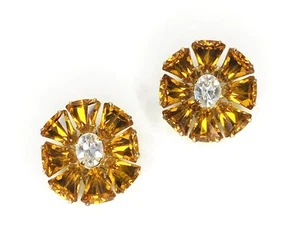 Vintage Signed SCHREINER Orange Clear Rhinestone & Art Glass Earrings - Picture 1 of 12