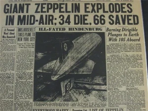 VINTAGE NEWSPAPER HEADLINES ~ HINDENBURG ZEPPELIN  CRASH EXPLODES DISASTER  1937 - Picture 1 of 5
