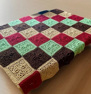 VTG Granny Square Afghan Throw Blanket Bed Couch Brown Green Red Retro 46x54 - Picture 1 of 6
