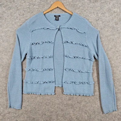 Cárdigan tejido azul-gris Bob Mackie Studio para mujer talla XL suéter con volantes delanteros Foto 1 de 4