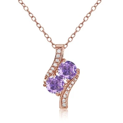 Rose Goldfarben Über Silber Künstlicher Amethyst Zwei Stein und Cz Akzente Kette - Bild 1 von 4