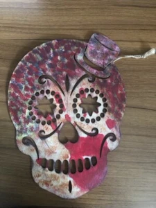 Hand painted wood skull wall hanging 8.5x11.5” multicolored 2 sided - Picture 1 of 2