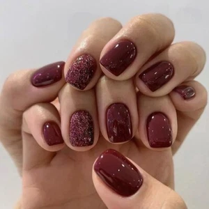 Press on Nails Short Square False Nails with Glitter Designs Cute Fake Nails  - Picture 1 of 7