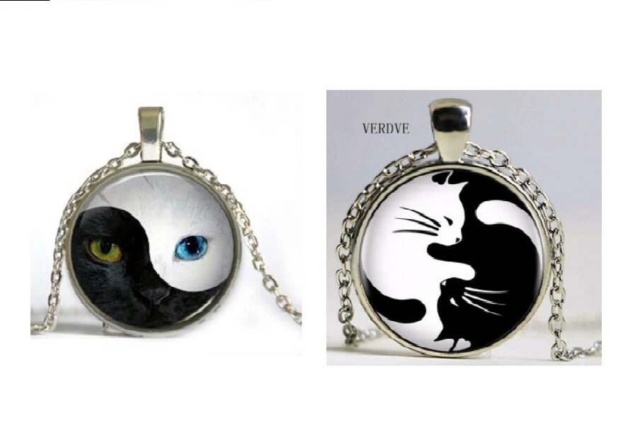 HALSKETTE ANHÄNGER "YIN & YANG KATZE" Kater Amulett Glücksbringer Cabachon EDEL - Bild 1 von 1