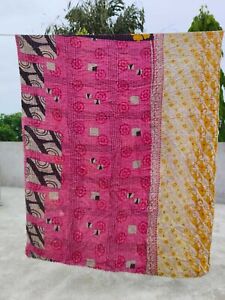 Indian Handmade Kantha Quilt Vintage Bedspread Throw Cotton Blanket Gudari Twin
