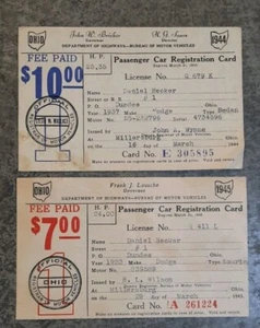 Vintage 1944 & 1945 Ohio Motor Vehicle Passenger Car Registration Card Lot of 2 - Picture 1 of 3