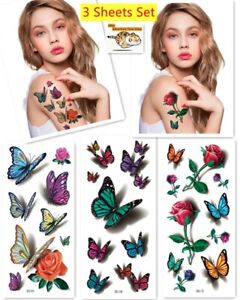 3 feuilles/ensemble autocollants de tatouage temporaires imperméables 3D fleurs papillon art corporel