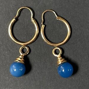 Boucles d’Oreilles Créoles Or 9 Carats, Perles  en Verre bleu Dormeuse Amovibles