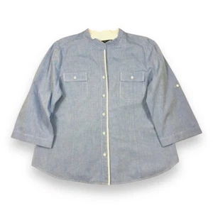 Lafayette 148 Shirt Womens Size 14 Denim Blue Rolled Wide Sleeve Button Pockets - Picture 1 of 11