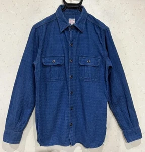 Momotaro Jeans All-over Pattern Indigo Dyed Long Sleeve Shirt Tops Men's Size 38 - Imagen 1 de 7
