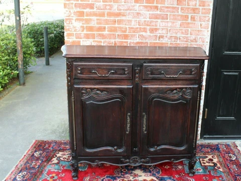 French Dark Oak Wood Antique Louis XV Sideboard Cabinet 2 Door 2 Drawer Server Cover