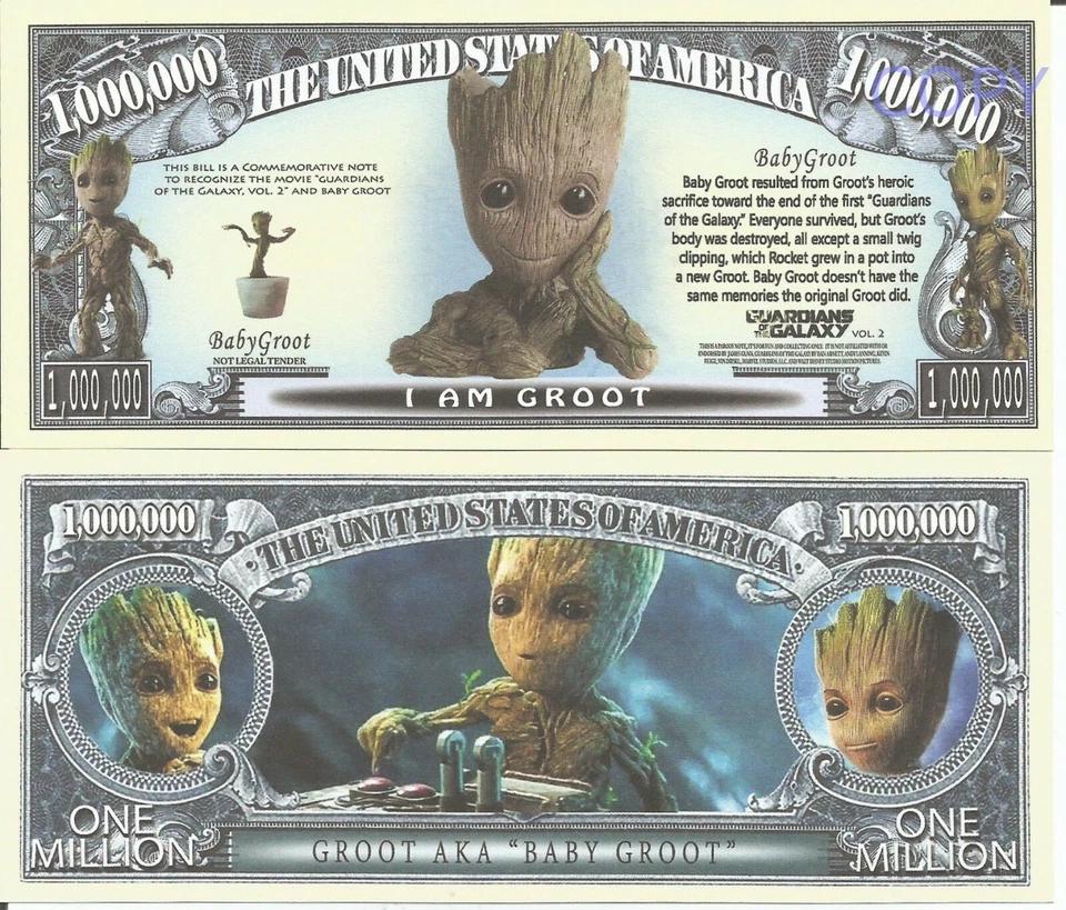 Baby Groot Guardians of the Galaxy Commemorative Million Dollar Bills x 2 Rocket