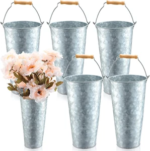 6 Pcs Galvanized Flower Buckets for Cut Flowers 15 Inch Silver Tin Bucket French - Picture 1 of 7