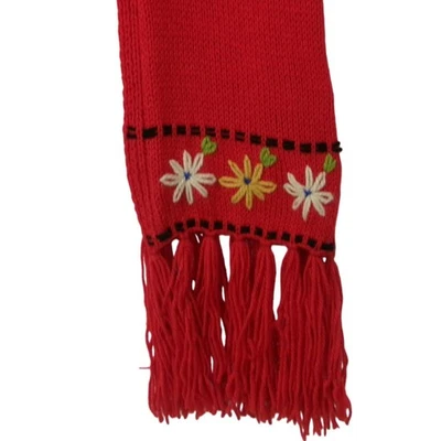 Bufanda Flor Bordada Roja Vintage Hecha en Italia Mezcla Lana Flecos Borla Foto 1 de 4