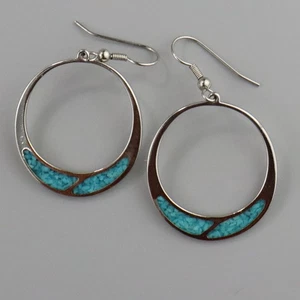 Vintage Crushed Turquoise Hoop Earrings Sterling Silver Hooks - Picture 1 of 5