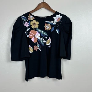 Blusa Zara Top Mujer Mediana Negra Manga Media Abullonada Estampado Floral - Imagen 1 de 7