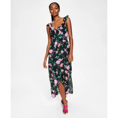 Vestido maxi GUESS com babados sem mangas alto-baixo preto rosa floral tamanho 10 - Imagem 1 de 4