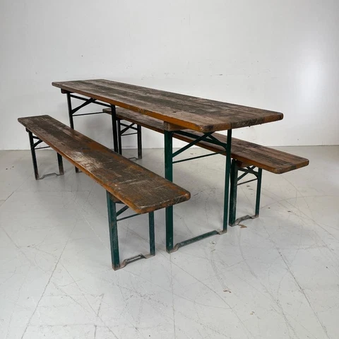 VINTAGE INDUSTRIAL GERMAN BEER TABLE BENCH SET GARDEN FURNITURE ORANGE BROWN Cover