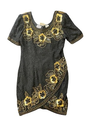Vintage Stenay 100% Silk Black Sequin Beaded Evening Party Formal Dress Size P12 - Image 1 of 3