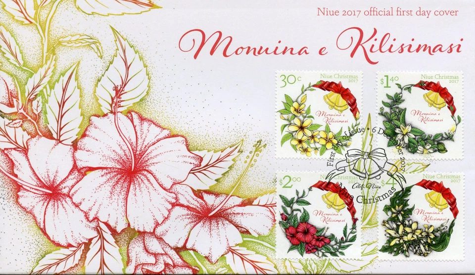 Niue 2017 FDC Coronas de Navidad Campanas Flores Plantas 4v Conjunto Estampillas de Cubierta Foto 1 de 1