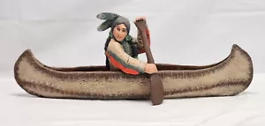 Handbemaltes indianisches Indianer in Kanu 2-teiliges Biskus 14,75" breites Dekor - Bild 1 von 9