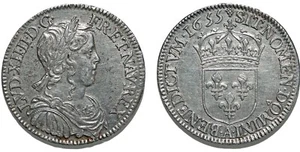 LOUIS XIV 1/2 ECU A LA MECHE LONGUE 1655 A PARIS G.169 - Picture 1 of 1