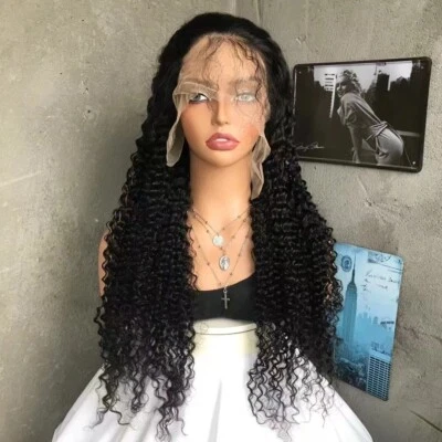 Peluca ondulada rizada negra de 20"" de largo 13×4 encaje frontal Remy 100 % peluca de cabello humano para mujer Foto 1 de 4