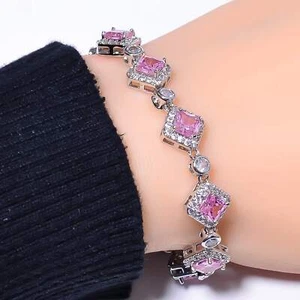 Pink Sapphire (Simulated) & CZ 925 Sterling Silver Tennis Bracelet 7.99" B371312 - Picture 1 of 3