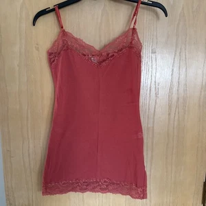 Vintage Y2K Cami Tank Top Lace Trim Small Red Orange Long Line Stretch - Picture 1 of 5