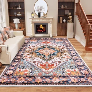 Vintage Rug for Living Room Beige/Multi Area Rug 5x8 Large Machine Washable A... - Picture 1 of 7