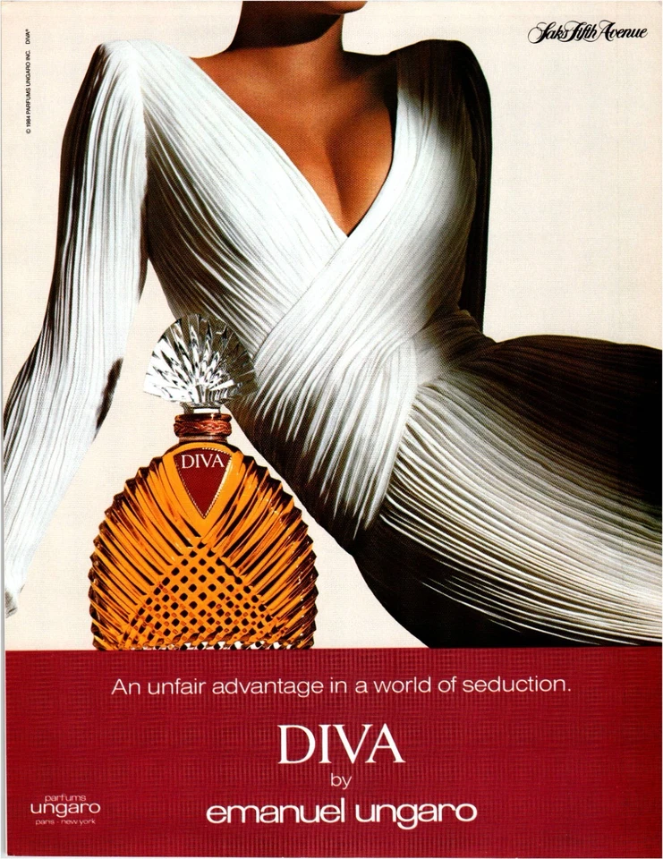1986 Saks Fifth Ave Diva Perfume Estampa Anúncio por Ungaro Lady Vestido Branco Sedutor - Imagem 1 de 1