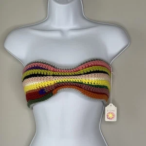 Handmade Crochet Lace Up Strapless Bandeau Top XS Rainbow Knit Festival Boho - Picture 1 of 8