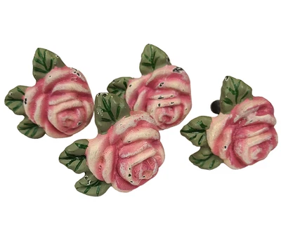 Juego de 4 perillas de tiro de cajón de hierro fundido pintadas rosa verde rosa flores herrajes Foto 1 de 4