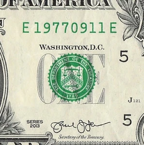 SEP 11 1977 Birthday Fancy Serial Number Date Note One Dollar Bill 09 11 1977 - Picture 1 of 11