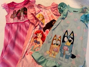 Lot 3 Nightgowns Bluey Toddler Disney Princess Fantasy Barbie Size XS 4/5 - Picture 1 of 11